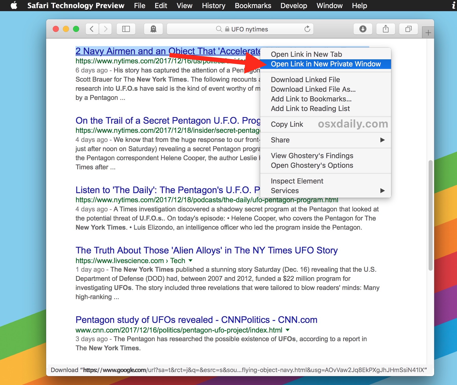 Choose open link in new private window in Safari for Mac