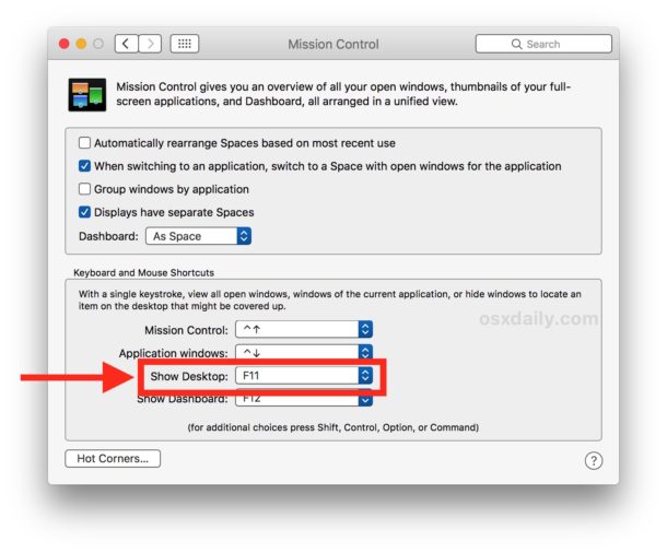 Enable Show Desktop keyboard shortcut on Mac