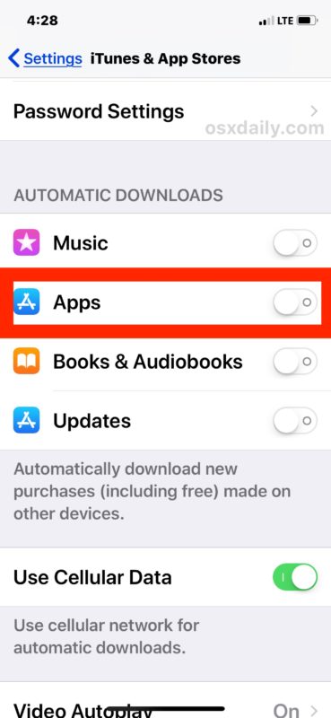Disable automatic app downloads in iOS