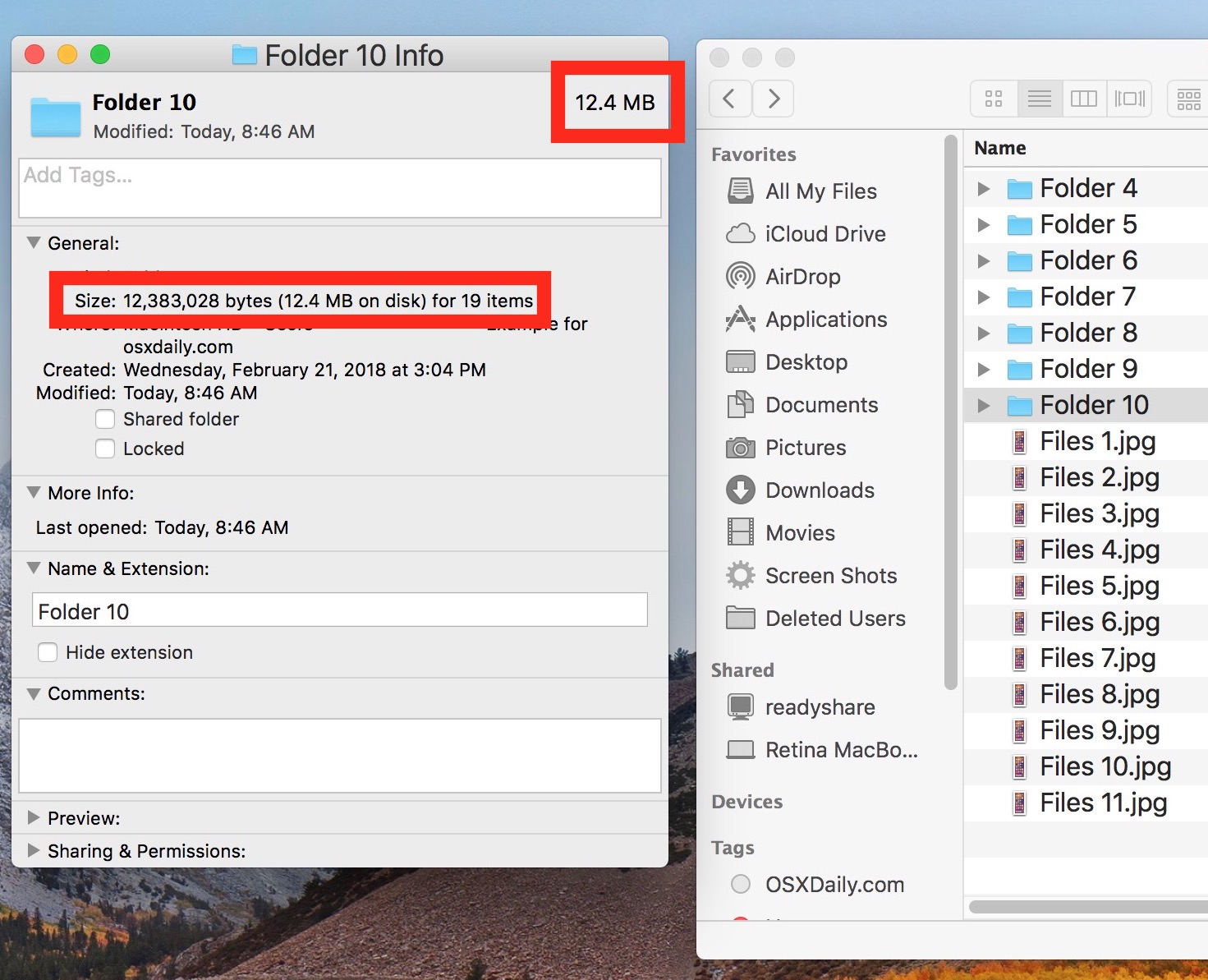 Смотрите размер файла и папки в Finder Mac OS с помощью Get Info