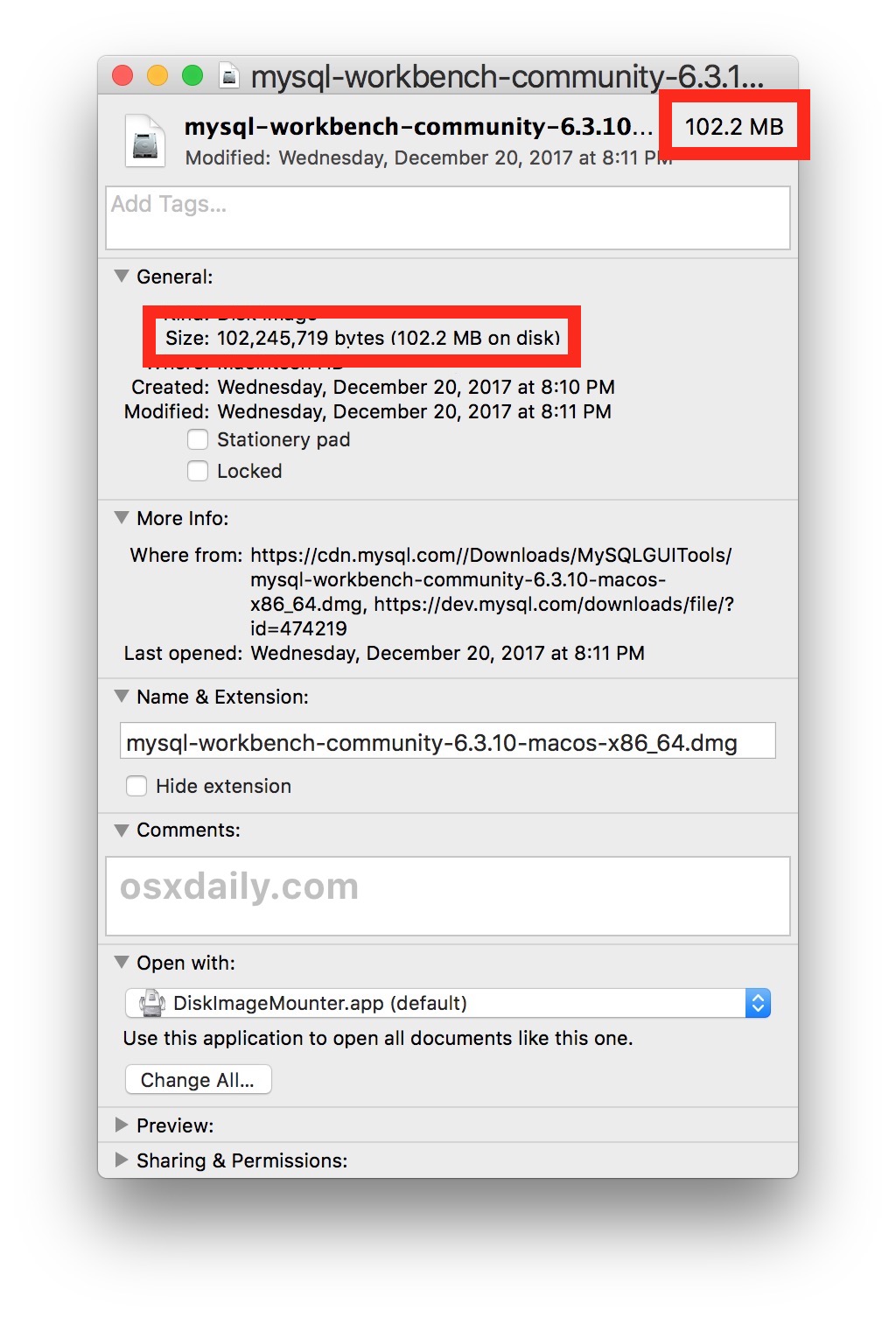 Get Info shows file size or folder size of an item in Mac OS