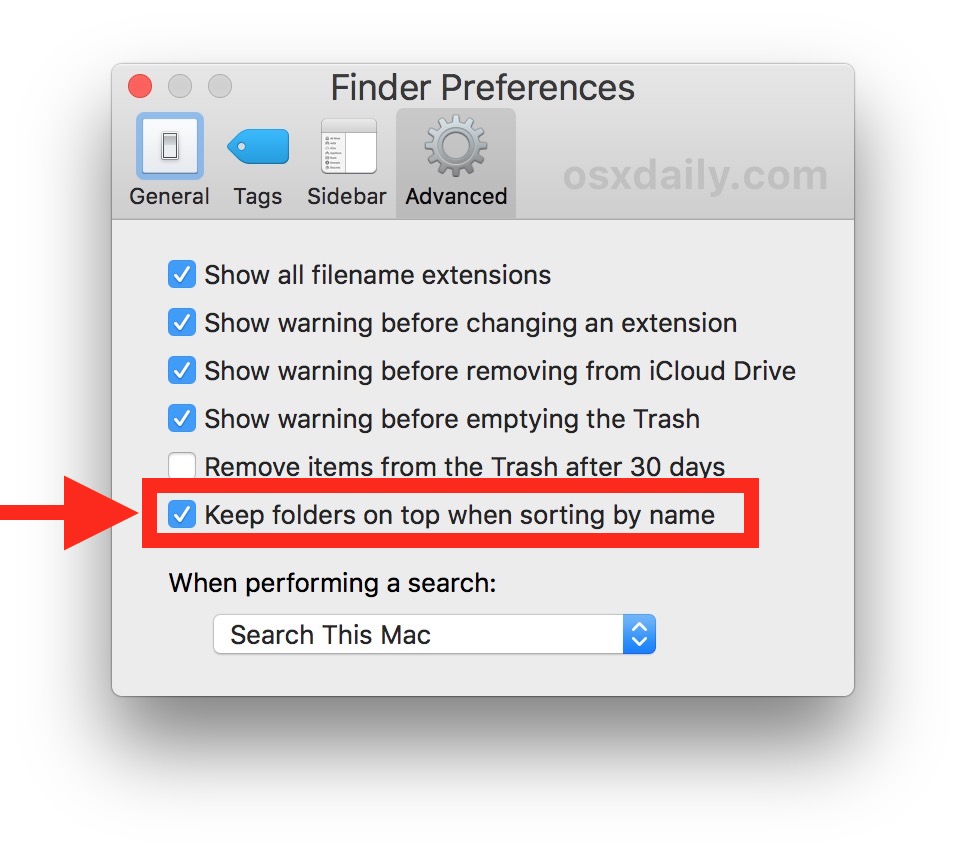 Держите папки наверху при сортировке по имени в списке Mac Finder
