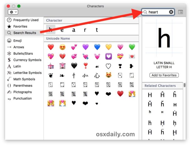 Searching in the Emoji on Mac Special Characters panel