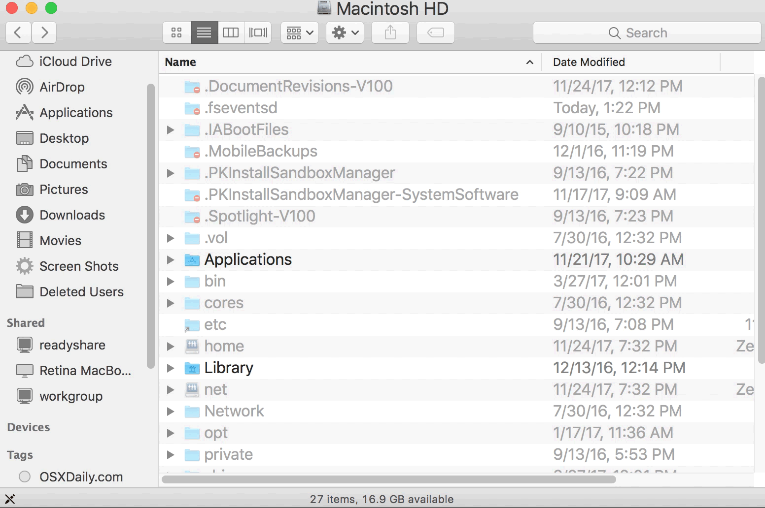 Отображение и скрытие скрытых файлов с помощью сочетания клавиш на Mac, как показано в анимированном GIF