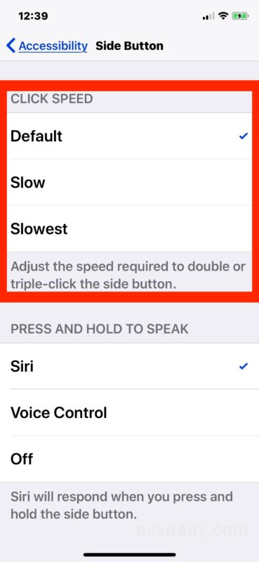 Отрегулируйте скорость нажатия боковой кнопки на iPhone X