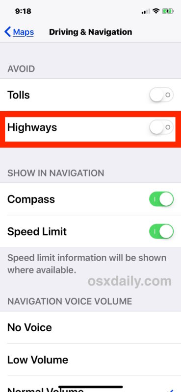 Avoid highways in iOS Maps Settings