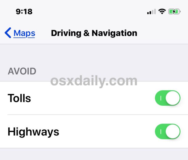 iOS setting for Maps to avoid highways