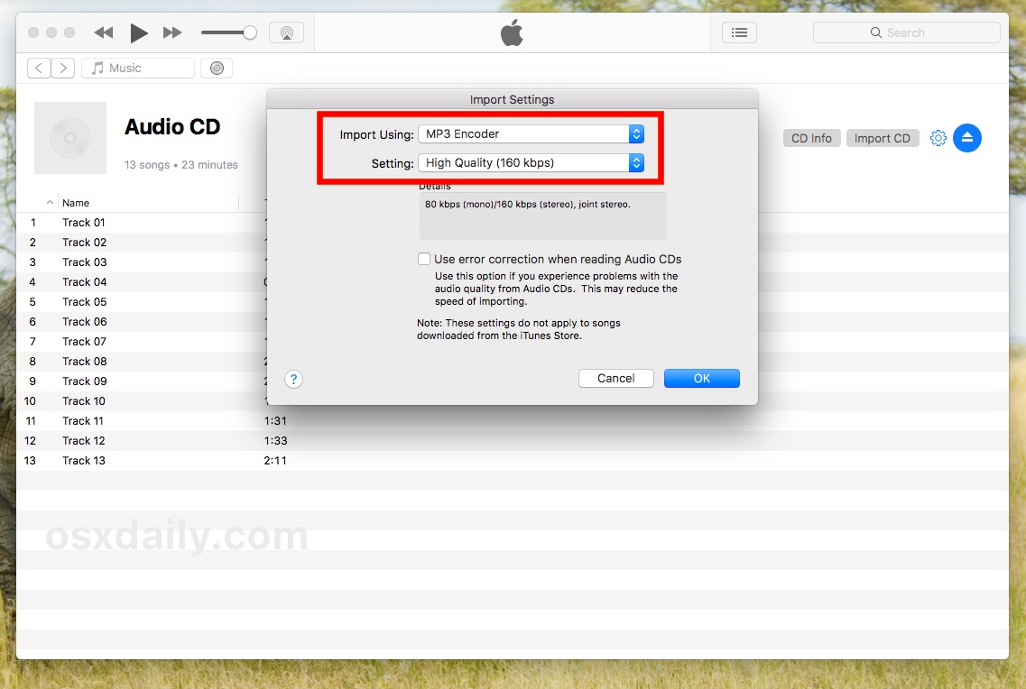 change audio import settings and audio encoder and quality in iTunes
