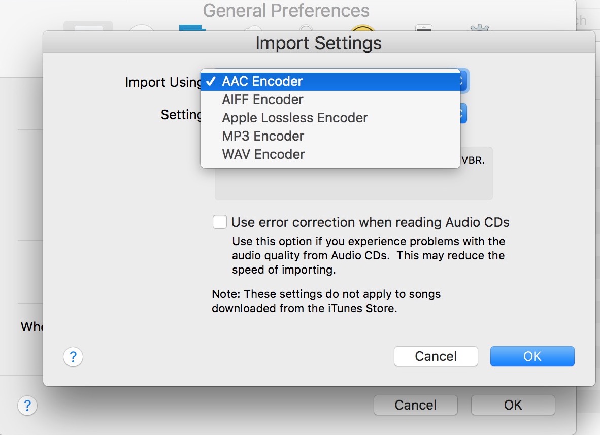 Change audio import settings in iTunes for audio encoder and audio quality