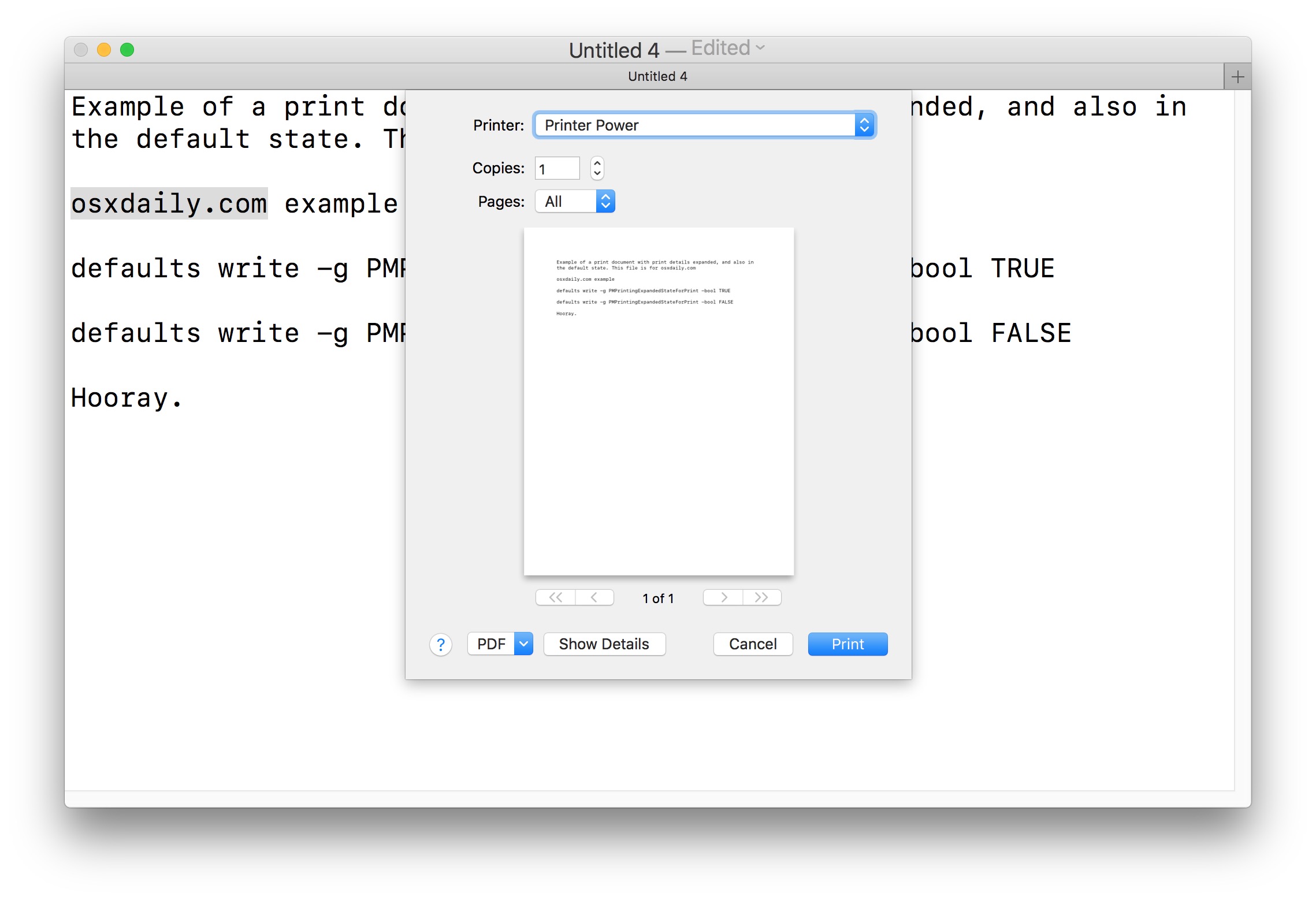 The default print dialog on a Mac