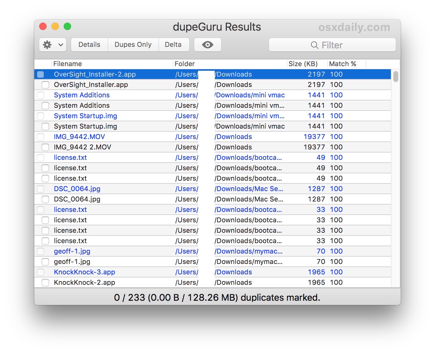 На Mac с помощью DupeGuru обнаружены повторяющиеся файлы