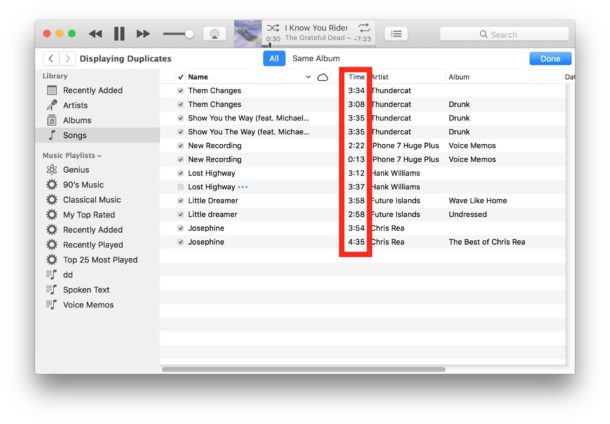 Use the Time column to help determine if a song is truly the same or not in iTunes duplicate find list