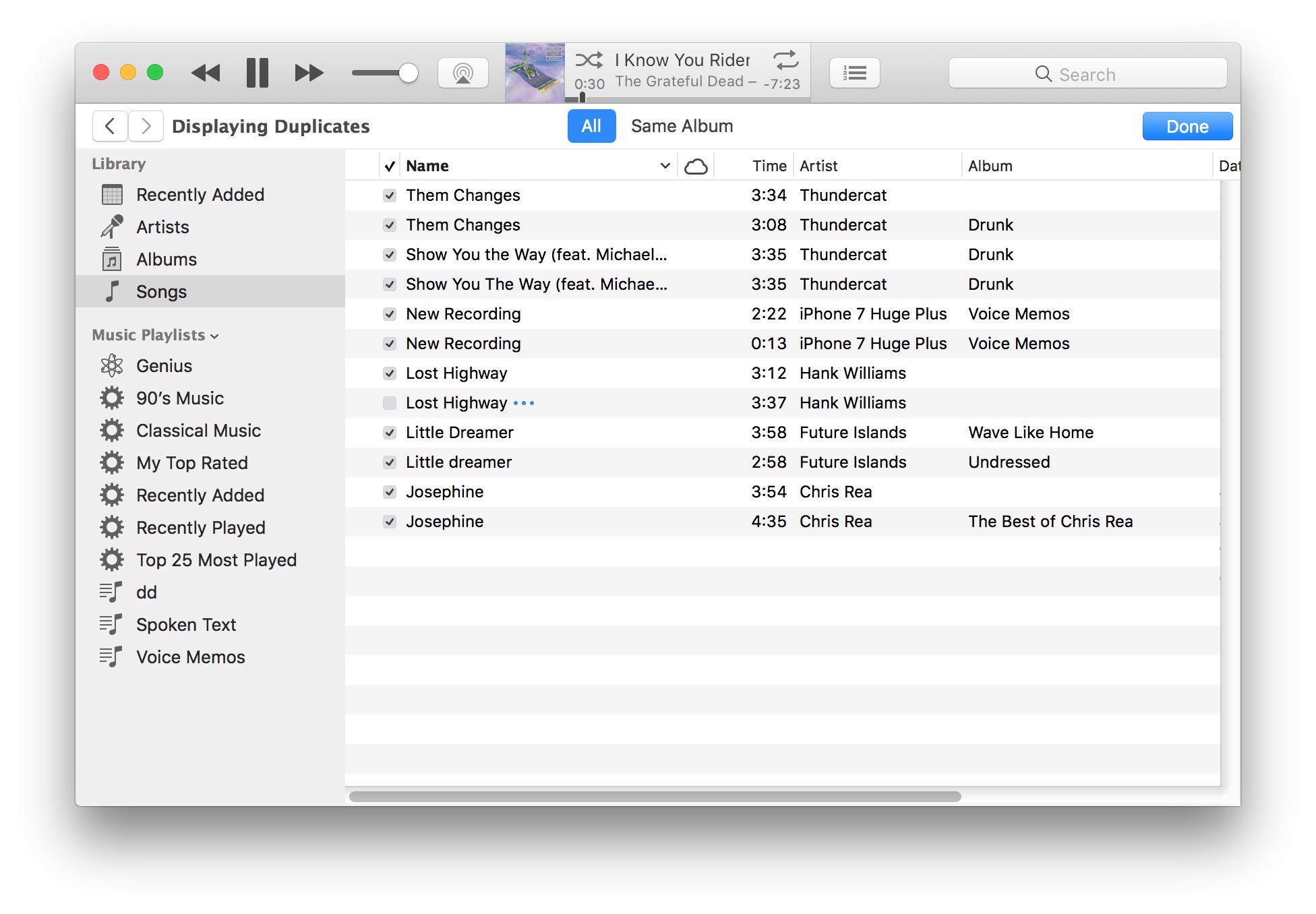 List of potentially duplicate songs found in iTunes