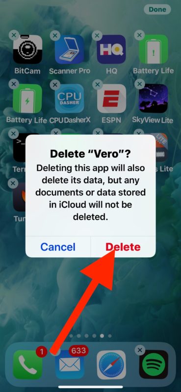 Confirm to delete the iPhone app