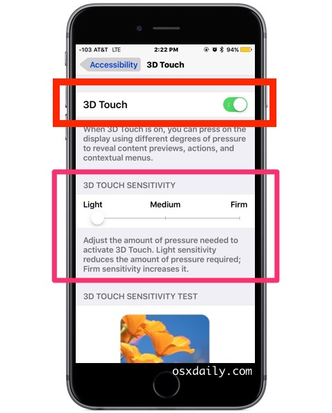 3D Touch settings on iPhone