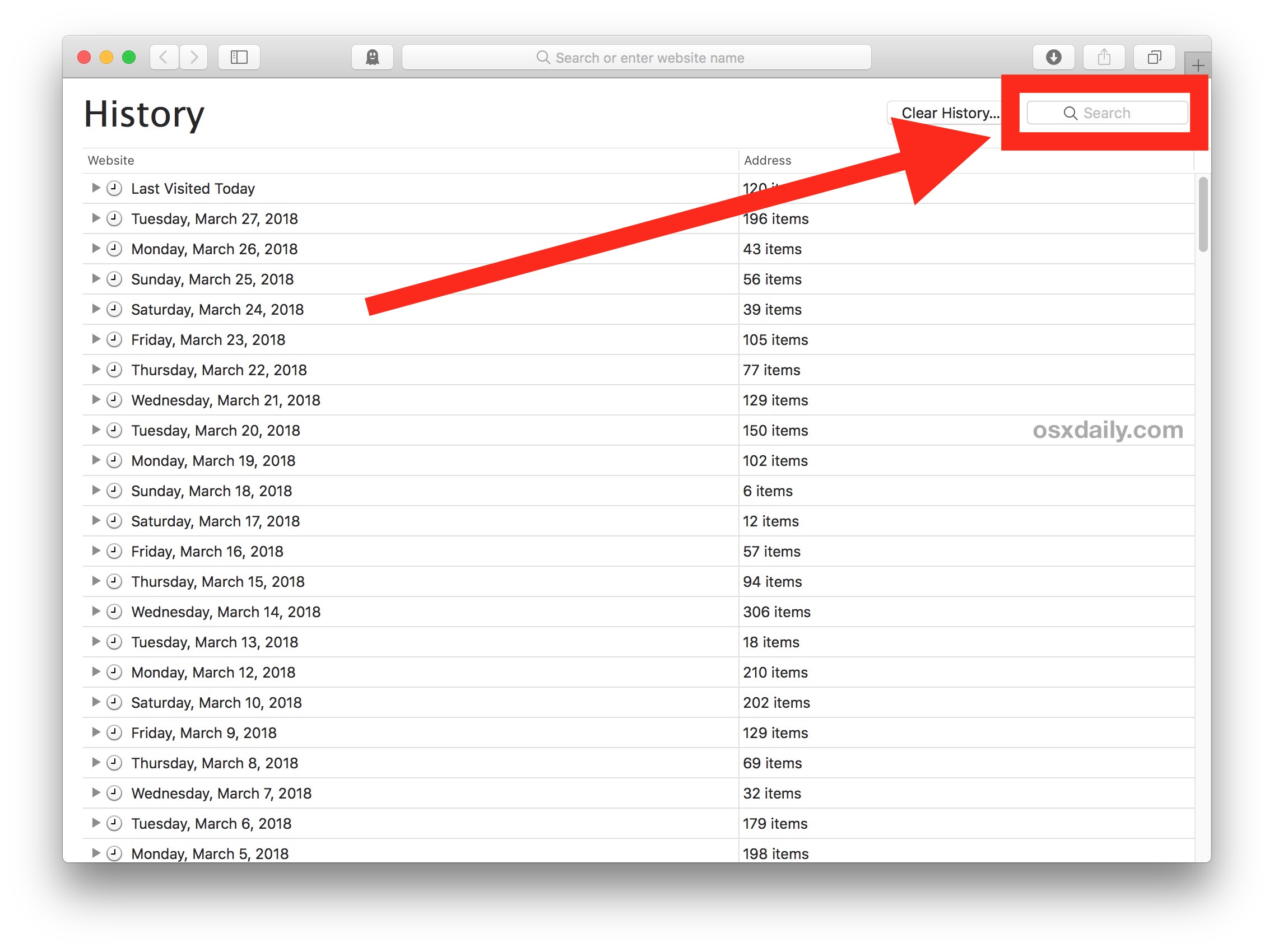 Access Safari History Search on Mac
