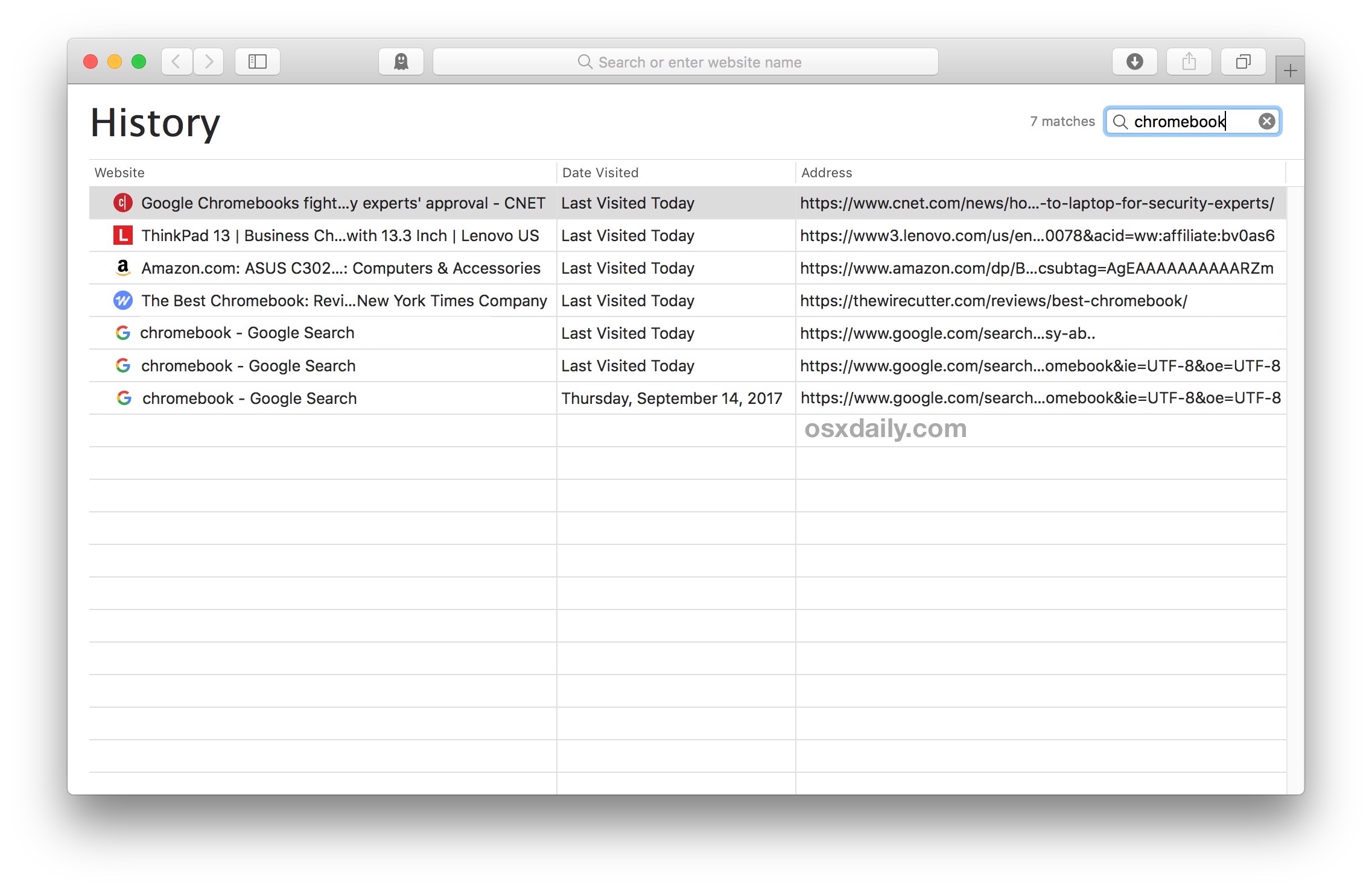 Browsing through Safari web history on Mac