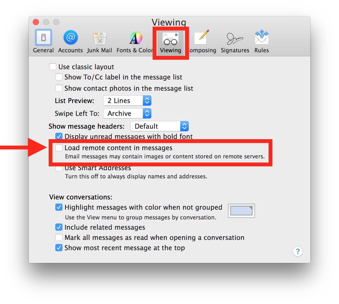 How to disable remote loading content and images in Mail for Mac