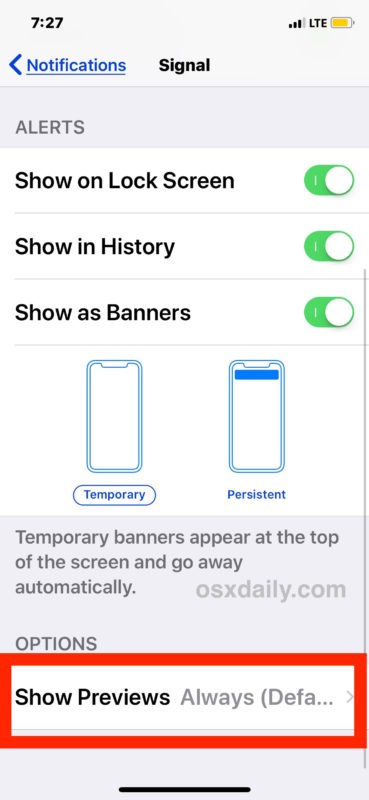 How to stop Signal showing message previews on iOS locked screens
