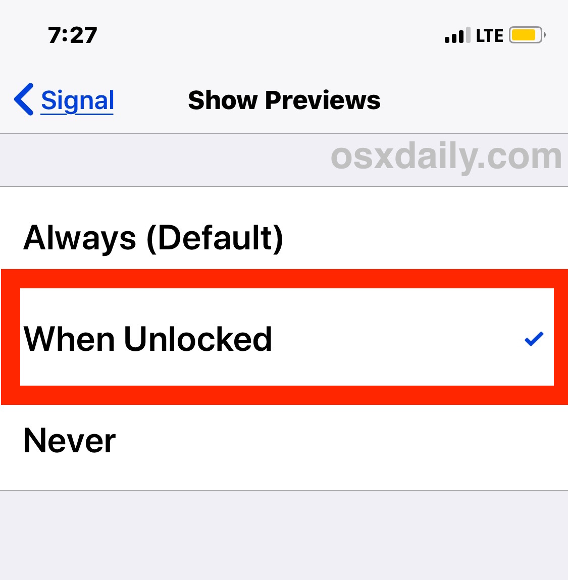 How to stop Signal showing message previews on iOS locked screens