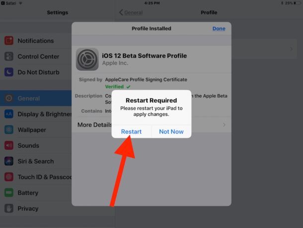 Restart with the beta profile to install iOS 12 public beta 