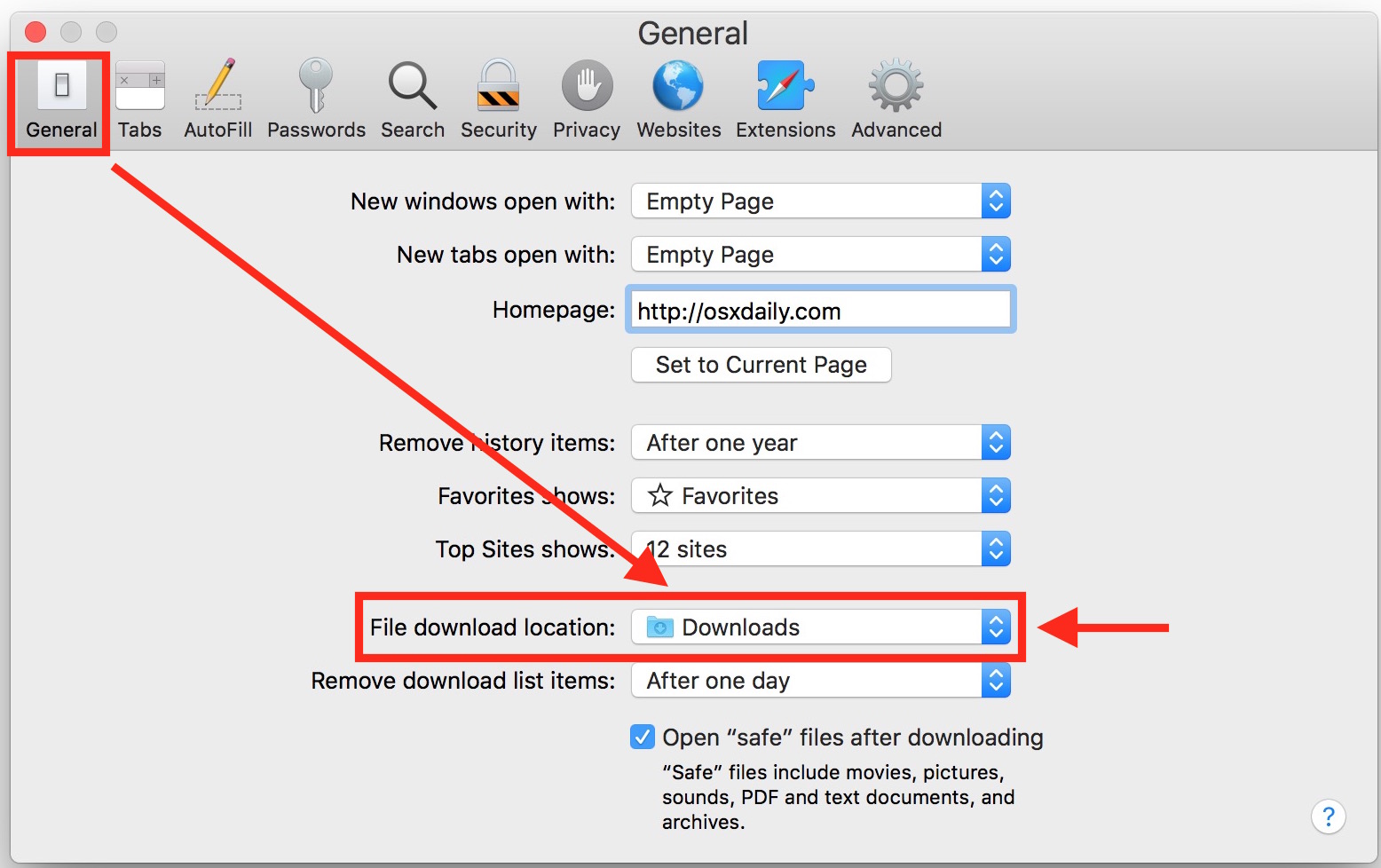 Изменить папку загрузок Safari на Mac