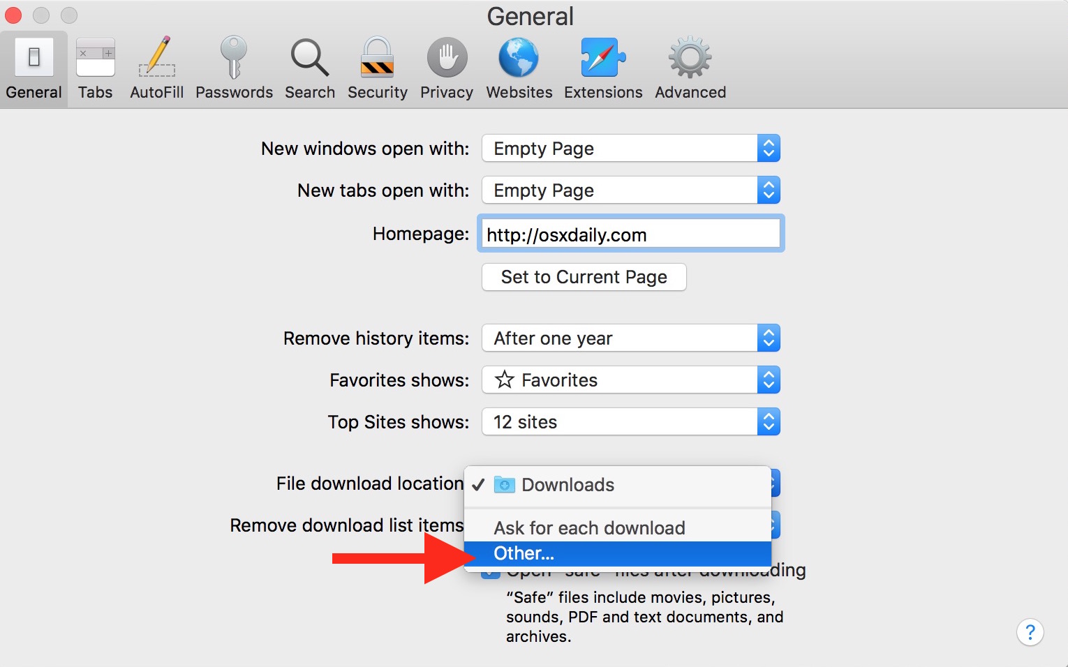 Changing where Safari Downloads files to on Mac