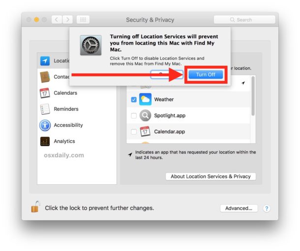 You can turn on or turn off location services on MacBook