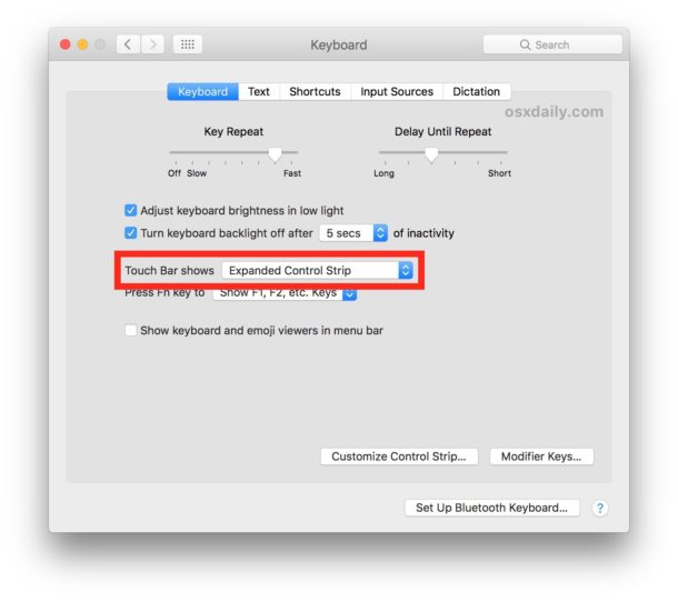 Disabling Touch Bar on MacBook Pro keyboard settings