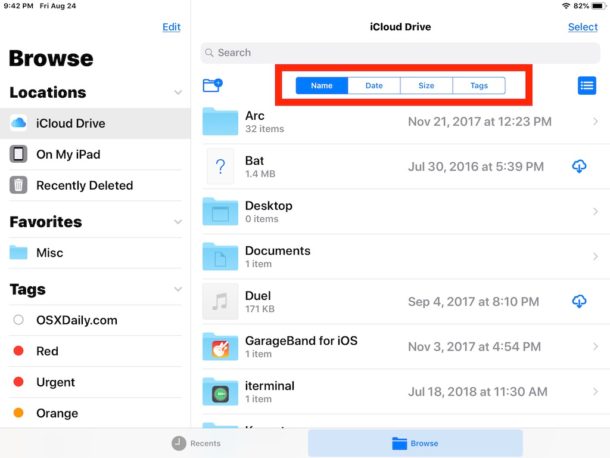 The Files app sorting options to change to in Files for iOS