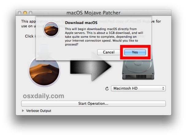 Подтвердите загрузку установщика macOS Mojave в полном размере
