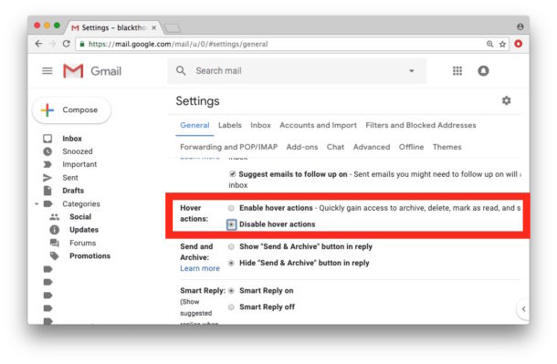 Отключить новые действия при наведении курсора в Gmail