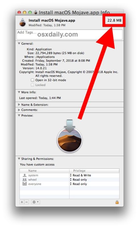 The incomplete truncated small macOS Mojave installer app