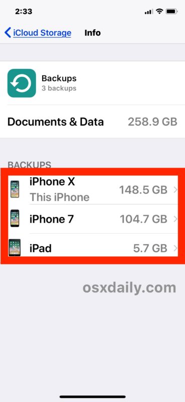 Выберите устройство, чтобы удалить резервные копии iCloud этого iPhone или iPad