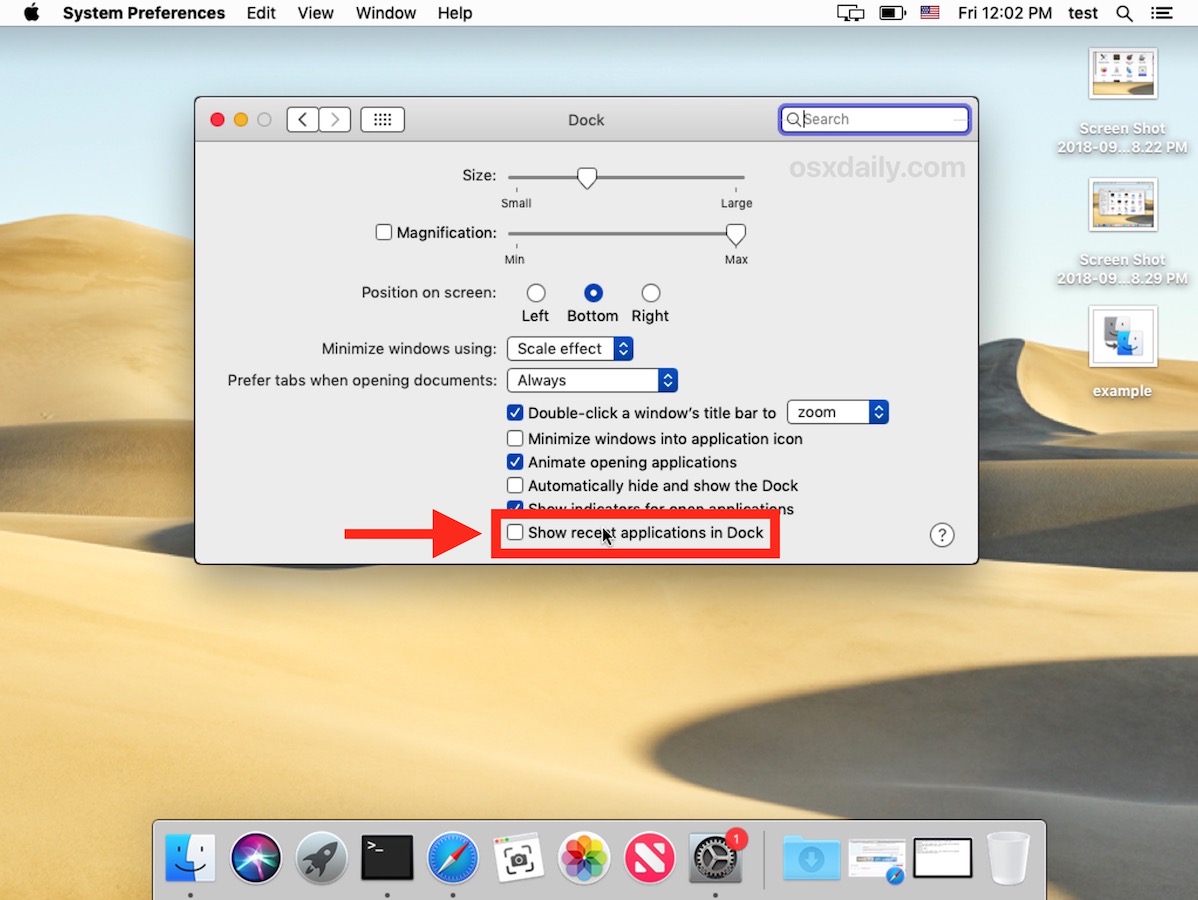 Отключить последние приложения в доке MacOS