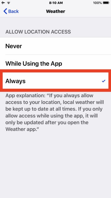 Enable Weather app with Always location privileges