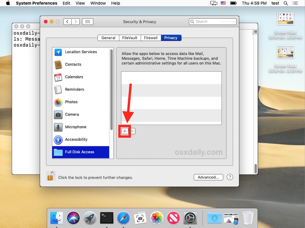 Нажмите кнопку «Плюс», чтобы добавить терминал к полному доступу к диску в macOS.