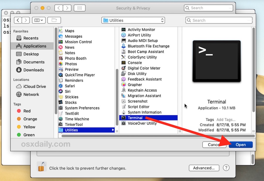 выберите приложение Terminal, чтобы предоставить полный доступ к диску в MacOS