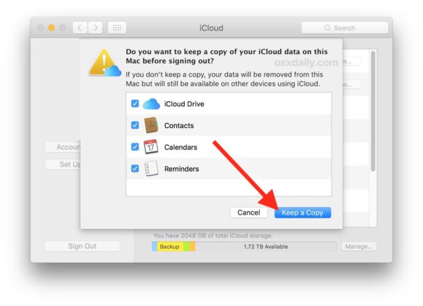 Выберите сохранение копии данных при удалении учетной записи iCloud и Apple ID с Mac
