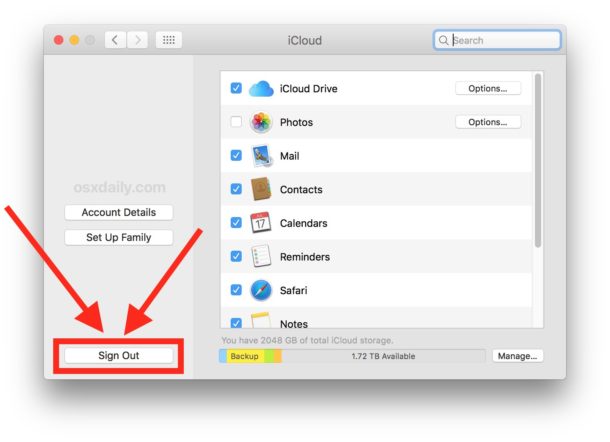 Выберите «Выйти», чтобы удалить Apple ID и учетную запись iCloud с Mac.