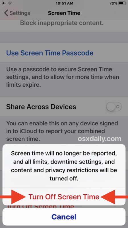 Confirm to disable Screen Time in iOS 