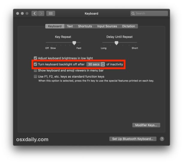 Disable the keyboard backlighting with inactivity on Mac