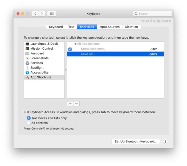 Enabled Save As keystroke option in Mac