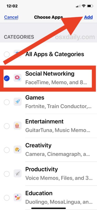 Choose Social Networking to set time limit for in iOS Screen Time