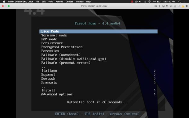 ParrotSec Live mode boot on Mac in Parallels