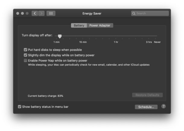 Параметры дисплея Power Nap и Turn как советы по сроку службы батареи для MacOS Mojave