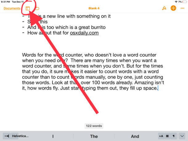 How to enable word counter in Pages for iOS