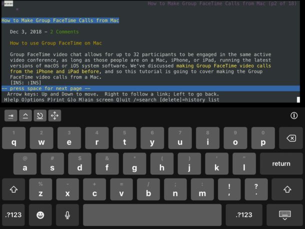 Оболочка iSH linux под управлением lynx на iPad