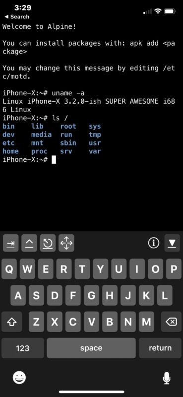 iSH Linux shell on iPhone