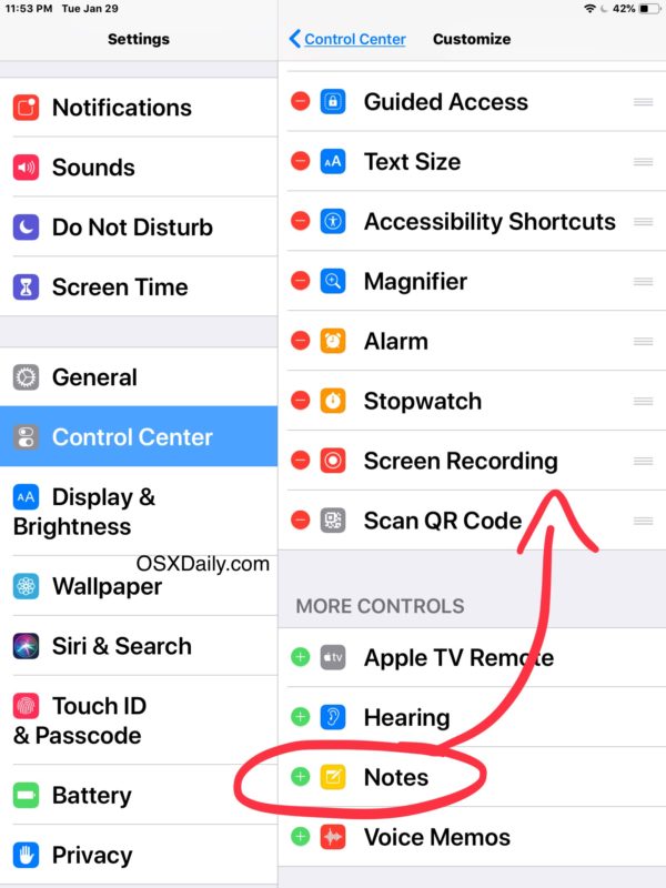 Add Notes to Control Center on iPhone or iPad